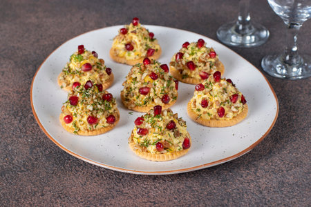 Appetizer on crackers of cheese, walnuts and pomegranate in the shape of trees