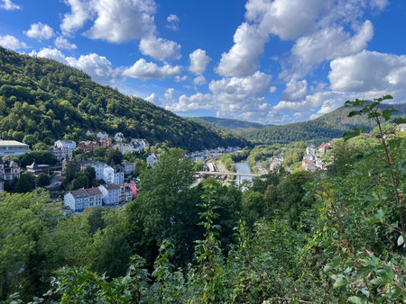 View of Altena city and the Lenne River from a height, North Rhine Westphalia, Germanyの写真素材