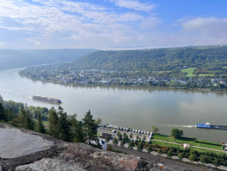 View of Rhine Valley from the top of Marksburg Castle, Braubach, Rhineland-Palatinate, Deutschlandの写真素材