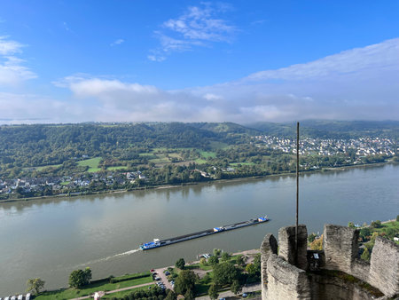 View of Rhine Valley from top of Marksburg Castle, Braubach, Rhineland-Palatinate, Deutschlandの写真素材