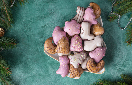 Traditional German gingerbread in multi-colored glaze on plate shaped of Christmas tree on green backgroundの写真素材