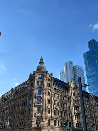 Old building on the background of skyscrapers, Frankfurt am Main, Hessen, Germany, 15.09.24のeditorial素材