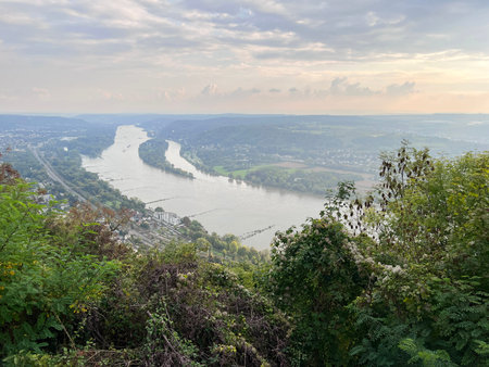 View of the Rhine River from the top of Drachenfels Mountain in Konigswinter, North...