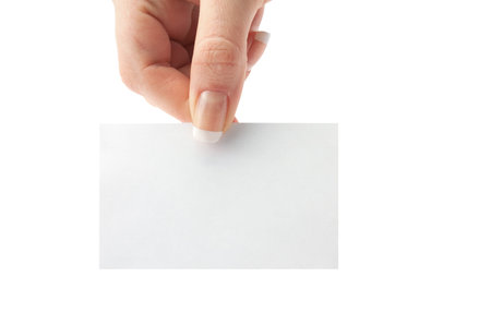 white card blank in a hand on a white background