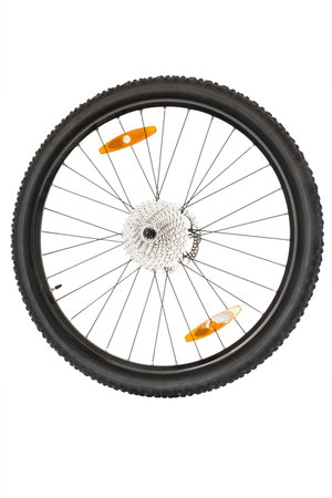 isolated black wheel of a mountain bike isolated on white background