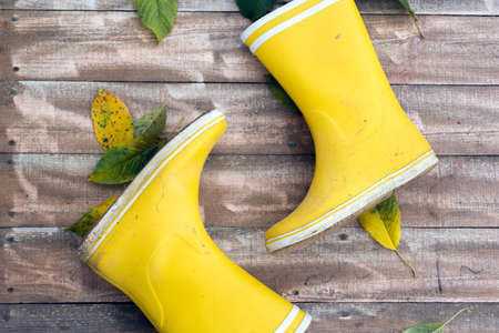 autumn still life from yellow rubber boots with leaves on a wooden backgroundの写真素材