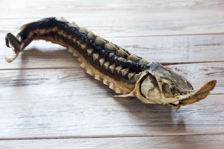 dried sturgeon on a white wooden backgroundの写真素材