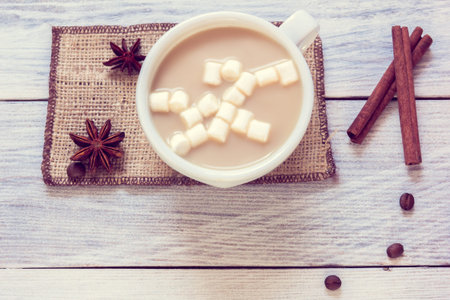 Mug with cappuccino and marshmallow on sackcloth with anise and cinnamon on a white wooden backgroundの写真素材