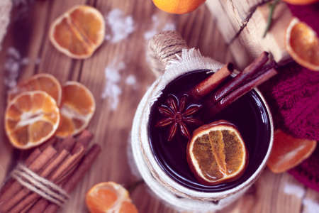 warm mug of tea and tangerines. Christmas still lifeの写真素材
