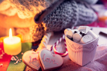 Cozy winter with cup of coffee and marshmallow and ginger snap in the shape of heart. Still life for St. Valentine's Dayの写真素材