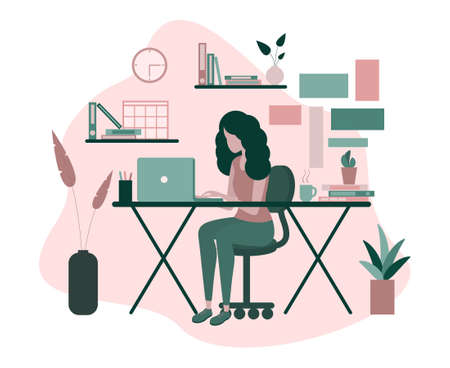 The girl works at the computer in the office with flowers.のイラスト素材