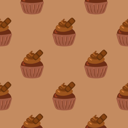 Cupcakes seamless pattern. Packaging. Celebratory cupcakes with cream and chocolate. Vector pattern on a colored background.のイラスト素材