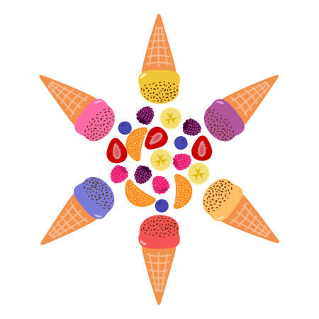 Collection of colorful ice cream of different flavors: strawberry, tangerine, blueberry, raspberry, blackberry, banana.のイラスト素材