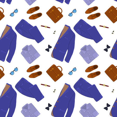 Elegant male fashion pattern, suit uniform with neatly folded jacket, trousers, shirt, tie, cufflinks, wallet, wrist watch, briefcase, glasses and shoes. Vector pattern.のイラスト素材