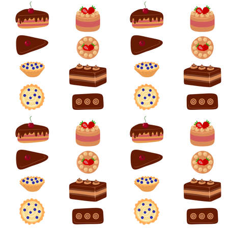 Pattern of sweet delicious cakes. Cartoon style hand drawn vector illustration. Cakes with cream, berries and chocolate. For greeting cards, restaurants and bakery menus.のイラスト素材