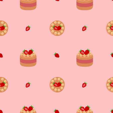 Pattern of sweet delicious cakes. Cartoon style hand drawn vector illustration. Cakes with cream, berries and chocolate. For greeting cards, restaurants and bakery menus.のイラスト素材