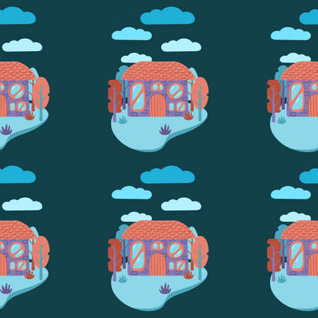 A pattern of multi-colored flat art nouveau houses. House with unusual windows. Colorful landscape with trees and clouds.のイラスト素材