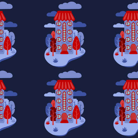 A pattern of multi-colored flat art nouveau houses. House with unusual windows. Colorful landscape with trees and clouds. EPS 10 without transparencies.のイラスト素材