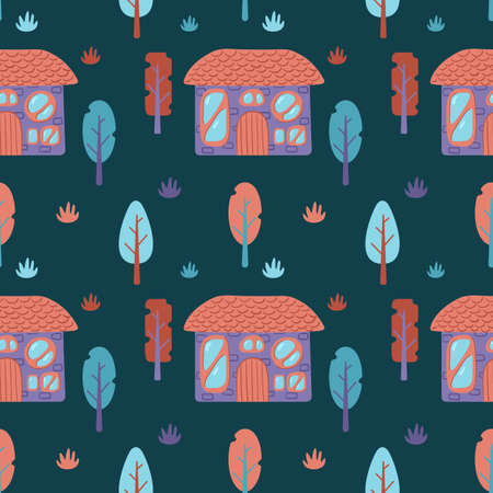 A pattern of multi-colored flat art nouveau houses. House with unusual windows. Colorful landscape with trees and clouds. EPS 10 without transparencies.のイラスト素材