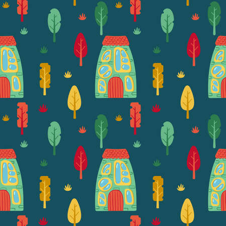 A pattern of multi-colored flat art nouveau houses. House with unusual windows. Colorful landscape with trees and clouds. EPS 10 without transparencies.のイラスト素材