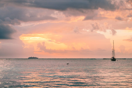 Sunrise over the Caribbean Sea, Ferry and Fishing Boats, Mexico