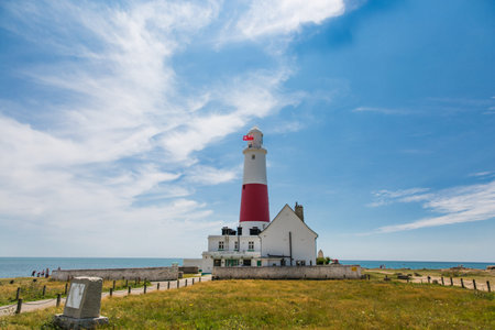 Portland Bill Lighthouse on a Bright Sunny Day with Blue Sky