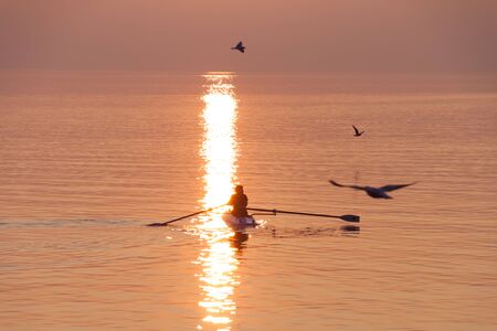 Seagulls Flying over Rowing Team Trainer over Shimmering Lake at Sunsetの写真素材