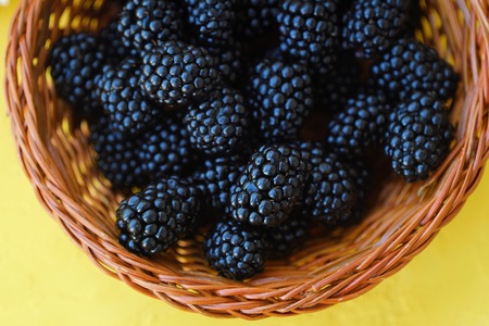 Delicious fresh blackberries in a wooden basketの写真素材