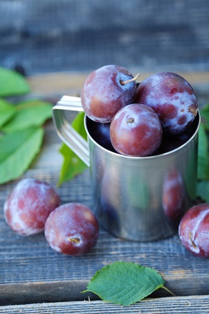 Fresh plums in the iron cup viewの写真素材