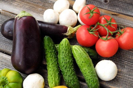 Useful fresh vegetables and mushrooms from the gardenの写真素材