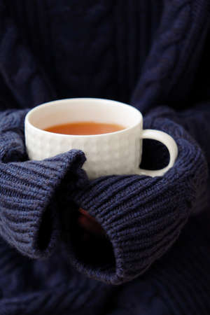 Cup of tea with lemon in hand and sweatersの写真素材