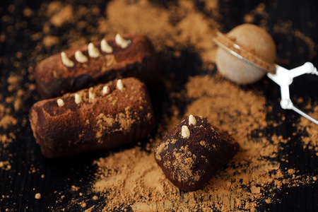 Delicious chocolate cakes with vanilla cream and cocoaの写真素材