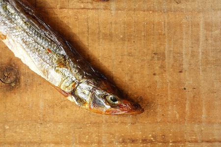 Dried fish with salt on a wooden backgroundの写真素材