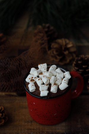Delicious hot chocolate with marshmallows on the table