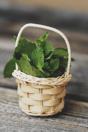 Wooden basket with fresh mint on the table