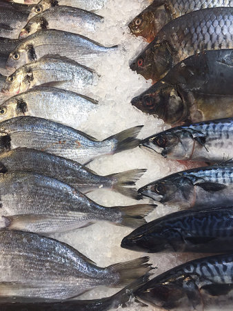 Delicious fresh fishes on ice in the market