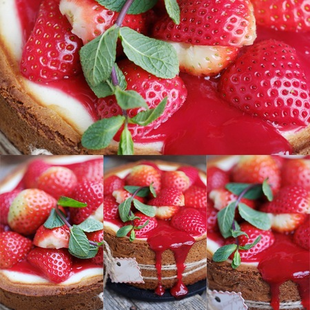 Delicious beautiful cheesecake with strawberries and mintの写真素材