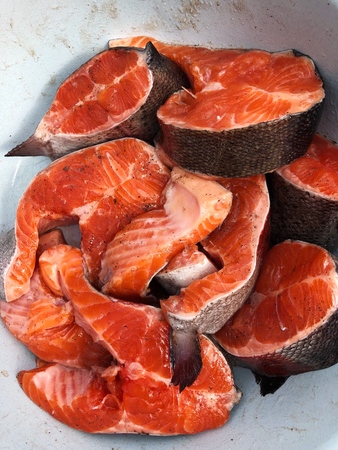 Fresh salmon fish with salt in a white plateの写真素材