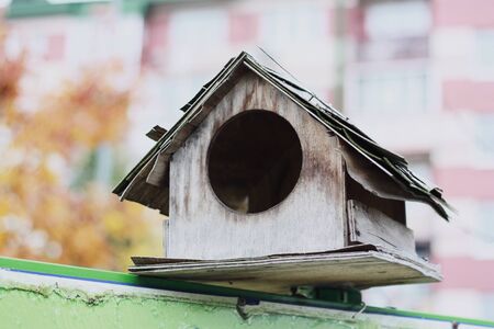 Wooden birdhouse for birds in the gardenの写真素材