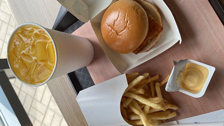 Fast food, hamburger and French fries in a paper box.