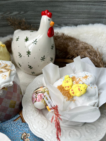 Easter cake with chicken and eggs on a wooden background, selective focus