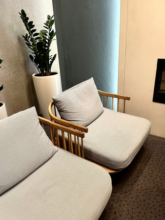 Comfortable sofa with pillows in the interior of the room.