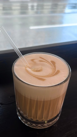Iced coffee latte art on a wooden table in coffee shop