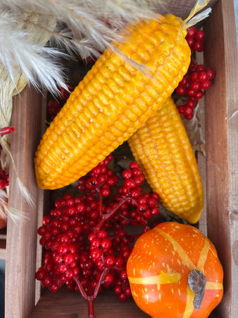 Autumn still life with pumpkins, corn and rowan berries
