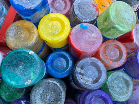 Colorful plastic bottles for recycling in the factory, closeup of photoの写真素材