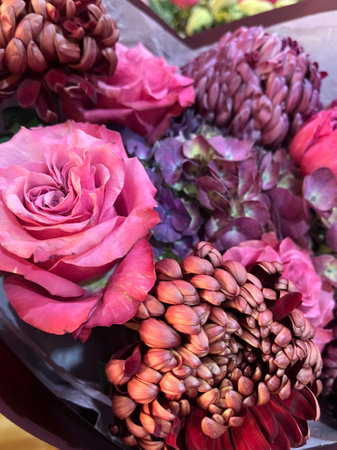 close up of a bouquet of colorful flowers in the flower shopの写真素材