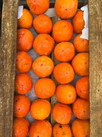 Oranges in the market, close-up of photoの写真素材