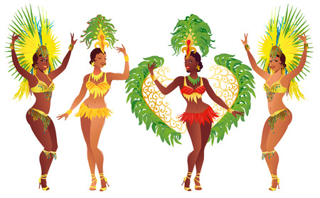 Set of Brazilian samba dancers. Vector carnival girls wearing a festival costume is dancing.のイラスト素材