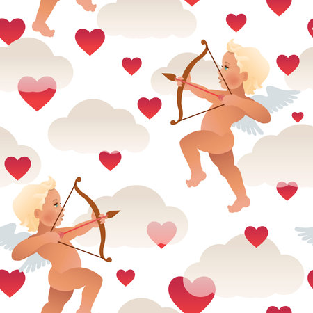 Cupid angel with bow and arrow aiming at someone's heart. Seamless illustration. Valentine's day.のイラスト素材