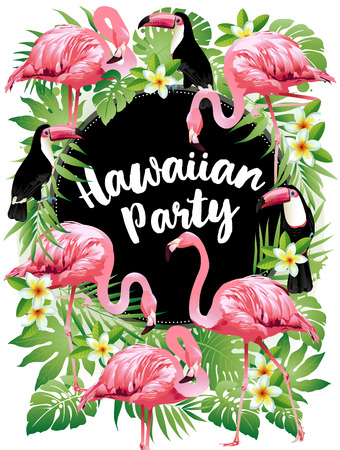Hawaiian party. Vector illustration of tropical birds, flowers, leaves.のイラスト素材